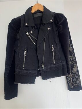 Navy blue Embroidered Sleeve Moto Jacket - Women's